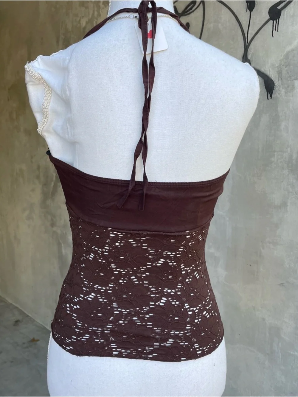 Vintage y2k Brown Floral Lace Sheer Halter Top